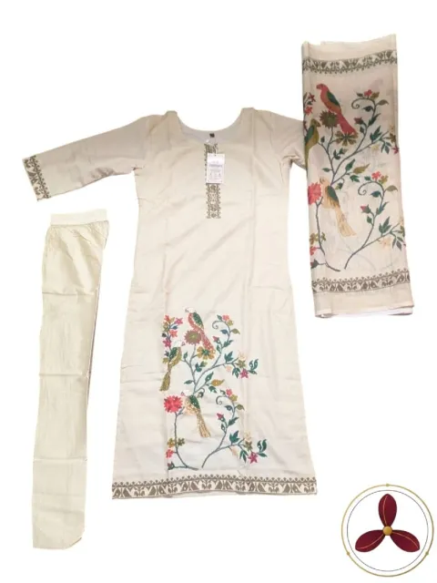 Cotton Mix Soft Silky Cream Parrot Design Ethnic wear 3 set - TT1017773 