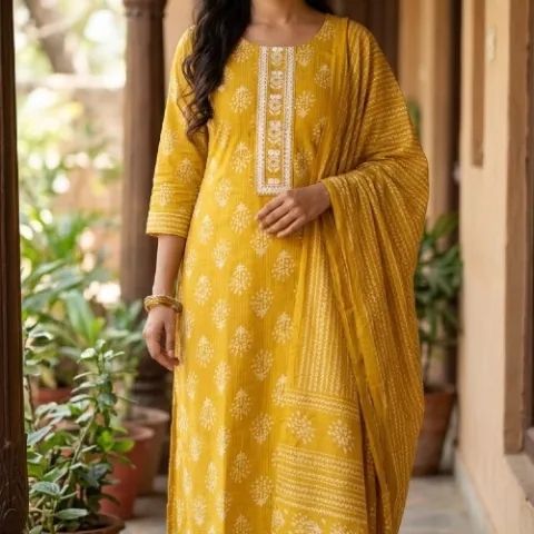 Pure Cottong Yellow Traditional Ethnic wear 3 Set Dress - TT1017769