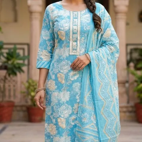Pure Cotton Sky Blue Flora Design ethnic wear 3 set dress - TT1017765