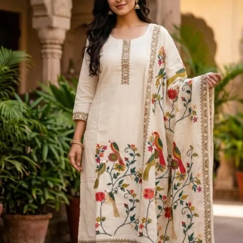 Cotton Mix Soft Silky Cream Parrot Design Ethnic wear 3 set - TT1017773 