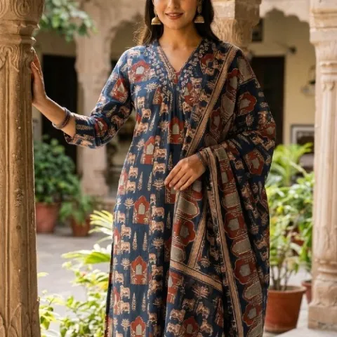 Pure Cotton Blue Kalamkari Ethnic wear 3 Set - TT1017749 