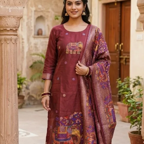 Pattu Silk Maroon Elephant Desing Ethnic Wear 3 Set Dress - TT1018792 