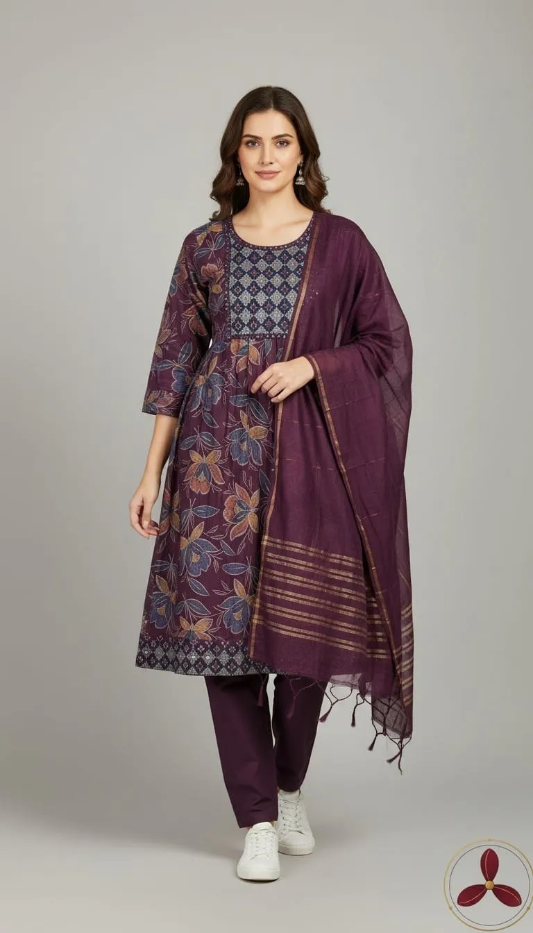 3 Piece Kurtha Set (Top, Pant and Chunni) - Ethnic Wear